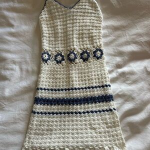 Crocheted Ivory Dress with Navy Floral Accents